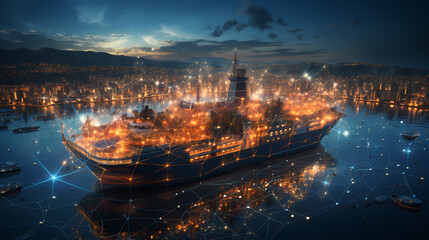 Fototapeta premium Global network connected cargo ship with import and export logistics concept