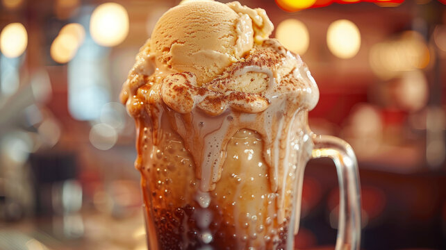 Close-up of a caramel ice cream float.