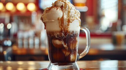 Root beer float in glass mug with topping