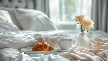 Breakfast in bed with croissants and coffee - obrazy, fototapety, plakaty