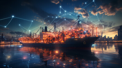 Global network connected cargo ship with import and export logistics concept - obrazy, fototapety, plakaty