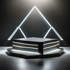 An innovative futuristic podium illuminated by dynamic LED lights, casting dramatic shadows and reflections against a dark background, representing cutting-edge technology and design.
