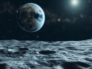 A lunar landscape with Earth in the night sky, illustrating a spectacular view from the surface of the moon.  