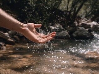 A hand is splashing water in a stream. The water is clear and the stream is surrounded by rocks. The scene is peaceful and calming, with the sound of the water