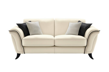 A white couch with black and white pillows. The couch is very clean and well made. Isolated