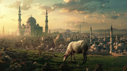 Sheep Grazing Overlooking Ancient Cityscape at Dusk, A serene sheep grazes in the foreground with a majestic view of an ancient cityscape bathed in the warm glow of the setting sun. Eid-al Adha