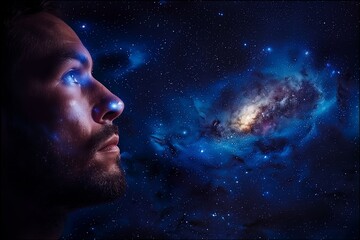 A man looking up at the sky. The sky is filled with stars and a large galaxy. The man is in awe of...