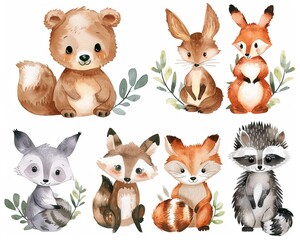 Watercolor art set of woodland animals painted in cheerful pastels, including a friendly bear, elegant deer, playful foxes, a cuddly bunny, sneaky raccoon, and a cozy hedgehog