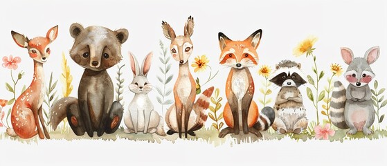 Watercolor depiction of a vibrant pastel woodland gathering, including a bear, deer, foxes, bunny, raccoon, and hedgehog, all rendered in an irresistibly cute style