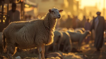 Golden Hour at the Livestock Market, A serene sheep stands illuminated by the warm golden sunlight at a bustling livestock market during sunset.