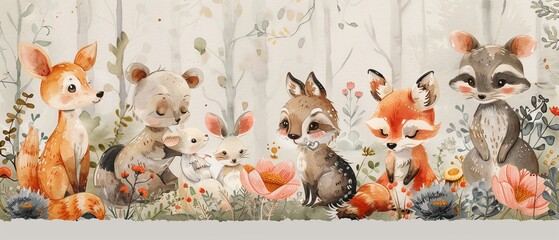 Watercolor depiction of a vibrant pastel woodland gathering, including a bear, deer, foxes, bunny, raccoon, and hedgehog, all rendered in an irresistibly cute style