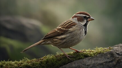 Small bird perches on moss-covered rock, its brown, gray feathers blending in with natural surroundings. Bird has distinctive reddish-brown cap, black markings on its wings, its dark eyes alert.