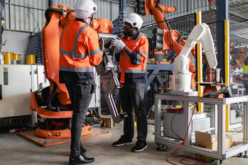 Diverse group of engineer in safety uniform maintenance and examining robot arm machine in modern...