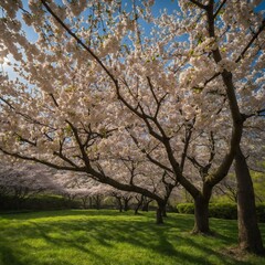 Sun shines through branches laden with cherry blossoms in full bloom. Trees cast long shadows on green grass below. Sky clear blue with only few wispy clouds.