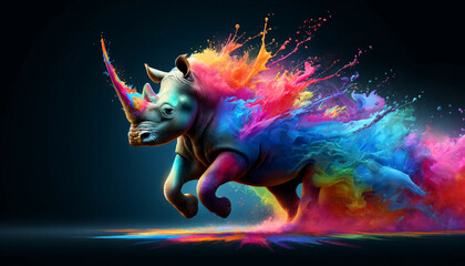a rhinoceros in motion with a dynamic splash of vivid colors