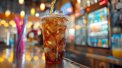 Cola pouring into a glass with ice - obrazy, fototapety, plakaty