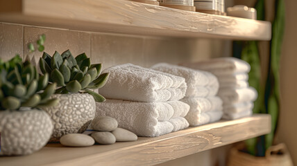 Fototapeta na wymiar Neatly folded white towels on a shelf