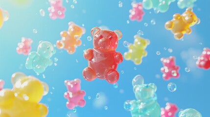 Floating Gummy Bears in a Whimsical Candy Dream, An array of translucent gummy bears floats ethereally, creating a playful and whimsical confectionery dreamscape.
