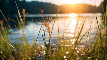 Paysage d'un coucher de soleil sur un lac en arrière-plan, avec au premier plan des herbes, plantes. Arrière-plan de flou. Reflet du soleil sur l'eau. Pour conception et création graphique. - obrazy, fototapety, plakaty