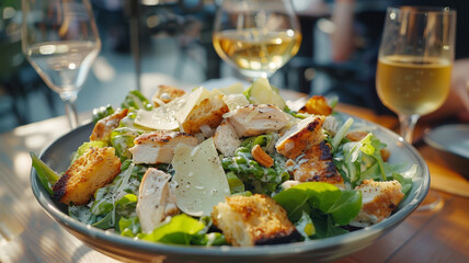 Grilled chicken caesar salad on a plate. - obrazy, fototapety, plakaty