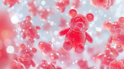Red Gummy Bears in Dreamlike Bokeh Background, Red gummy bears appear suspended in mid-air, surrounded by a soft bokeh effect, evoking a magical candy dream.