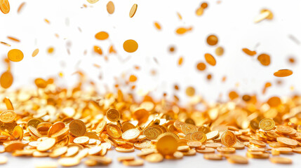 Shower of Golden Coins on White Background, Golden coins fall like a rain shower against a pure white backdrop, symbolizing wealth, luck, and financial success.