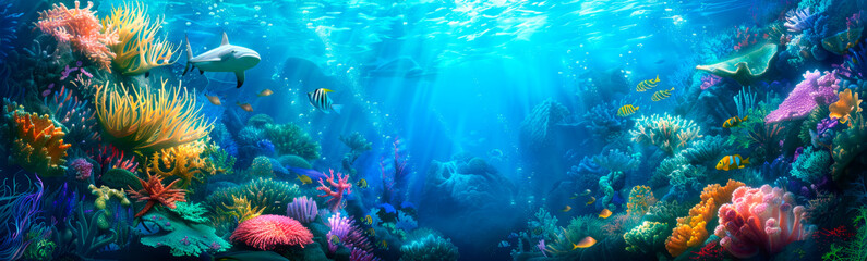 Fototapeta na wymiar Vivid coral reef teeming with sharks and fish in azure underwater world. An underwater oasis of colorful coral, algae, and a variety of fish and sharks swimming in the azure waters of the ocean