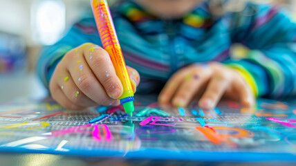 Child drawing with colorful markers.