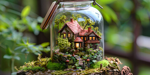 Fototapeta na wymiar Miniature village in a glass terrarium green oasis 