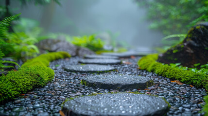 Garden path with moss-covered stepping stones and pebbles.
