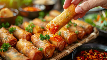 A person dipping a spring roll into sauce - obrazy, fototapety, plakaty