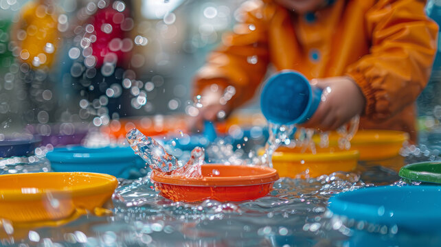 Child splashing water at outdoor play table.