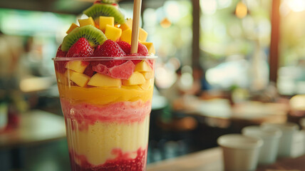 A layered fruit smoothie in a clear cup.