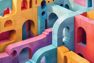 A 3D illustration featuring a maze of vibrant, colorful archways and staircases, ideal for conceptual design and architecture themes.