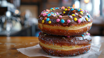 Two stacked donuts with sprinkles.