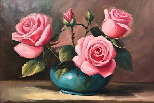 Pink roses in blue vase still life oil painting 