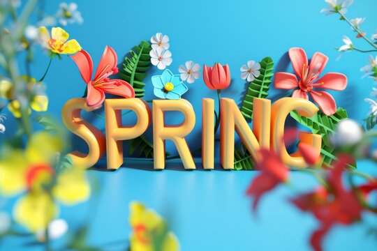 "SPRING" in bold 3D letters set amongst a dynamic array of spring flowers, perfect for marketing and seasonal greetings.