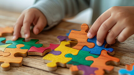 Child hands assembling colorful puzzle pieces