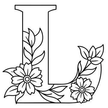Alphabet L coloring page with the flower, L letter digital outline floral coloring page, ABC coloring page