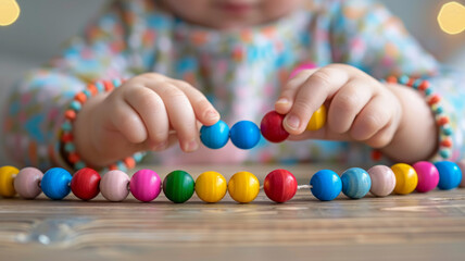 Fototapeta na wymiar Toddler stringing colorful beads.