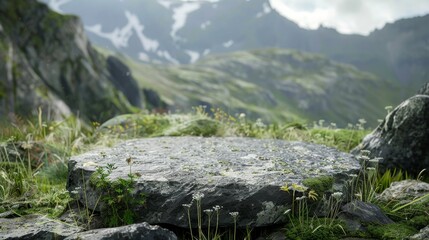 Serene Mountain Slate Display podium, A flat round white slate, nestled among delicate alpine flora, serves as a natural podium against the dramatic backdrop of rugged mountain peaks
