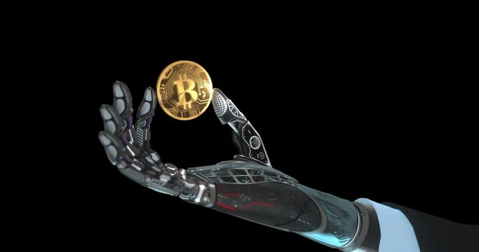 Robot arm holding bitcoin with fingers, artificial intelligence as a blockchain concept, crypto currency design, transparent background