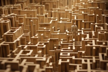 Desperate Lost man in wooden tangled maze. Confused disoriented guy in the middle of labyrinth. Generate ai