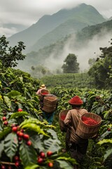 Coffee Farmers Carrying Baskets Filled With Freshly Picked Coffee Cherries on Their Backs, Generative AI