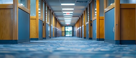 Symmetrical Office Corridor - Quiet and Empty Perspective. Concept symmetrical design, empty space, office decor, quiet atmosphere, perspective views