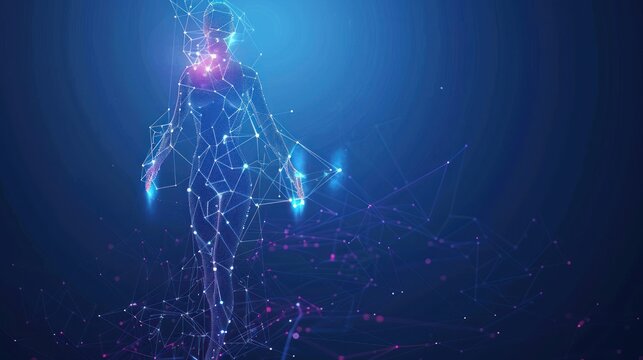 Abstract digital human body. Polygonal wire frame silhouette. Low poly anatomy blue background. Technology futuristic man or woman model. AI generated
