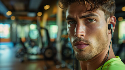 Young man with headphones in gym