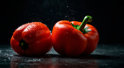 Fresh and juicy red pepper in water, covered with small bubbles. On a black background