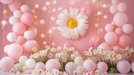 Fototapeta na wymiar Kids birthday. Children's birthday decorations. Lots of pink balloons and decorations 