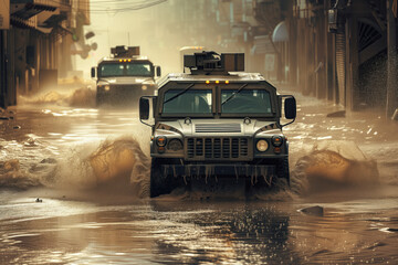 During flood, column of military vehicles navigates flooded avenues to provide assistance to...